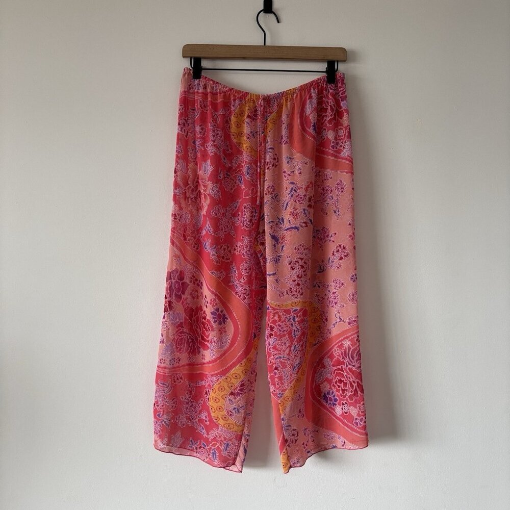 Josie Natori Floral Wide Leg Sheer Cropped Lingerie Sleep Pants Boho Fairy Sz S